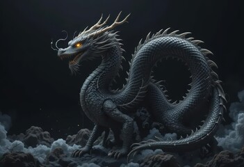 Obraz premium Majestic Asian Dragon in Dramatic Dark Setting