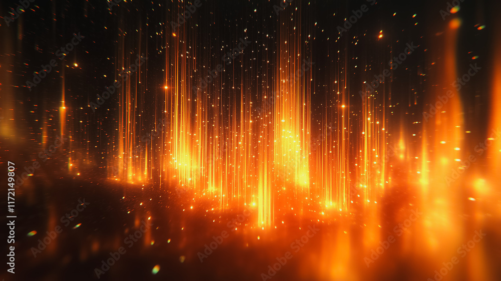 Poster abstract golden light show: a mesmerizing display of golden light beams illuminates a dark backdrop,