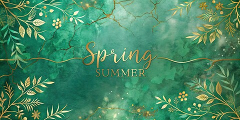 Obraz premium Luxury vintage design: gold leaf, marble texture watercolor wallpaper for spring and summer.