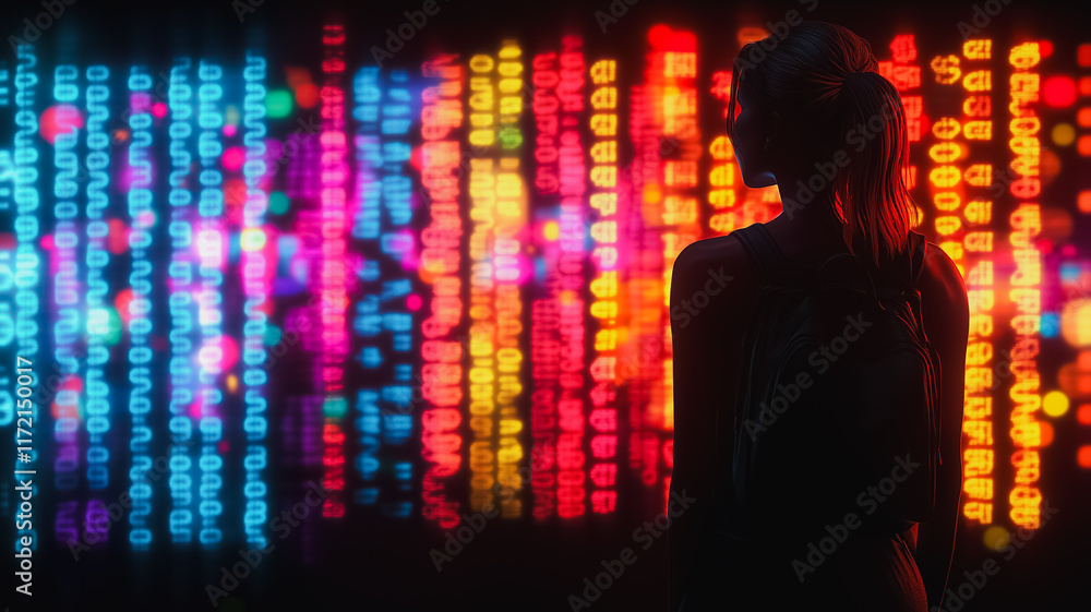 Poster data stream dream: a woman's silhouette is bathed in the vibrant glow of a massive data stream, repr