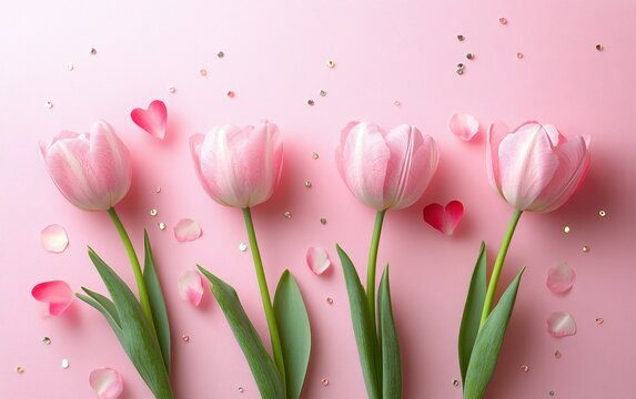 Four delicate pink tulips rest gracefully on a soft pink surface, embodying the essence of love and tenderness for Valentine's Day.