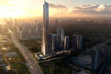 Fototapeta premium Aerial view of a modern skyscraper amidst a city skyline during sunset.
