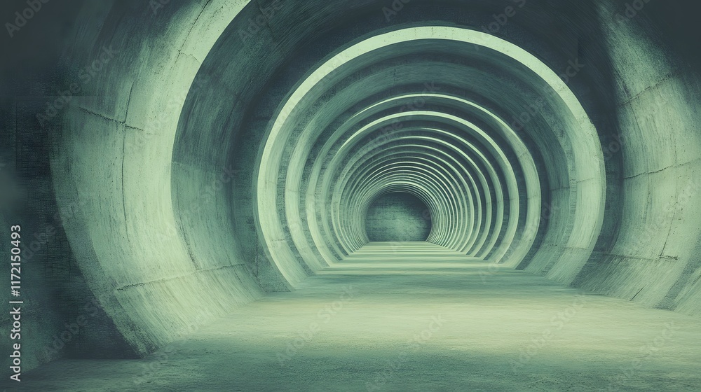 Poster abstract view of a circular underground tunnel with smooth concrete walls and soft lighting creating