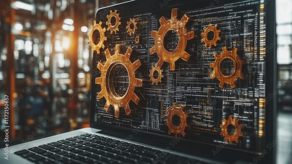Poster laptop with gears: a captivating image of a laptop with metallic gears emerging from the screen, sym