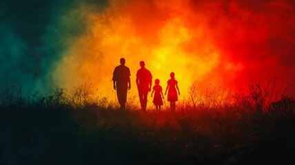 Fototapeta premium Silhouettes of a family walking in a field against a fiery smoky sky