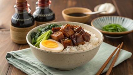 Steaming Bowl of Taiwanese Braised Pork Rice with Egg and Greens