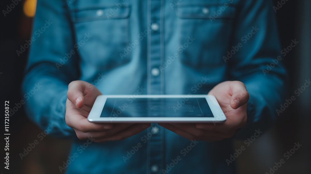 Poster presenting the future: hands showcasing a sleek tablet, symbolizing technology, innovation, and conn