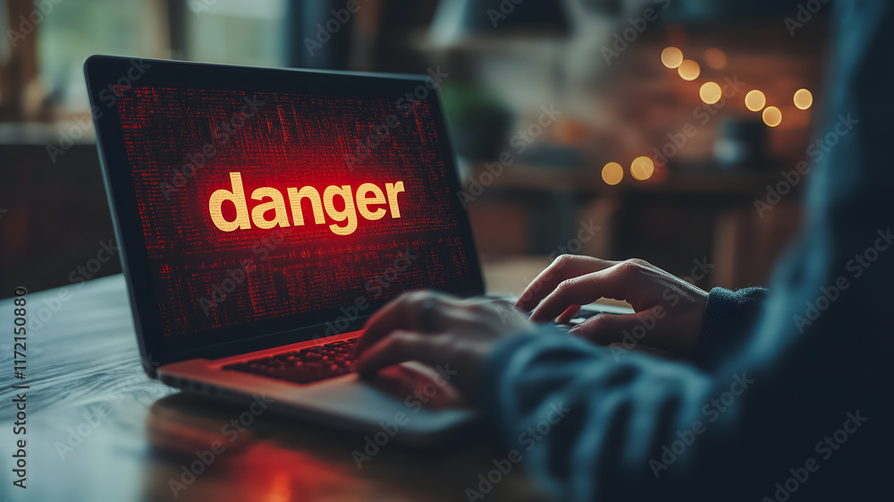 Poster cybersecurity threat: a person's hands type on a laptop with the word 
