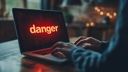 Cybersecurity Threat: A person's hands type on a laptop with the word "danger" flashing on the screen. This image evokes a sense of urgency and vulnerability.
