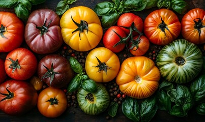 Colorful heirloom tomatoes arranged with fresh basil and peppercorns on a dark wooden board.