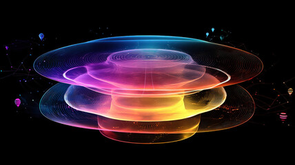 A futuristic radar chart with neon-colored, translucent layers that pulse softly, surrounded by floating data markers in a sleek holographic digital environment, creating a dynamic and high-tech data 
