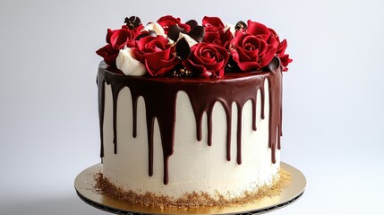 A red velvet chocolate cake with a chocolate drip effect, adorned with fondant roses and gold dust