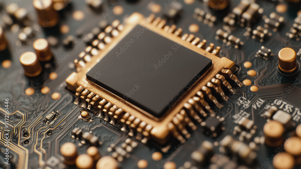 Poster central processing unit: close-up detailed view of a modern cpu chip on a circuit board. high-tech, 