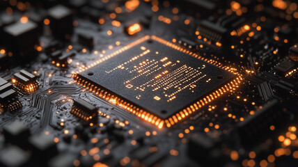 The Heart of Innovation: A close-up of a glowing processor chip on a circuit board, symbolizing the power and complexity of modern technology.