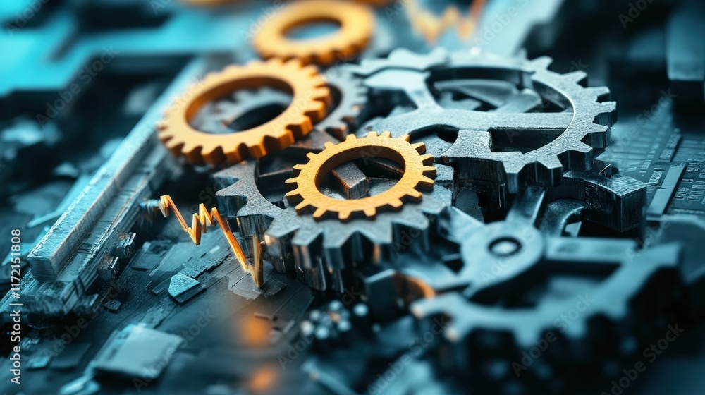Poster mechanical engineering innovation with gears and circuits digital workspace technology concept