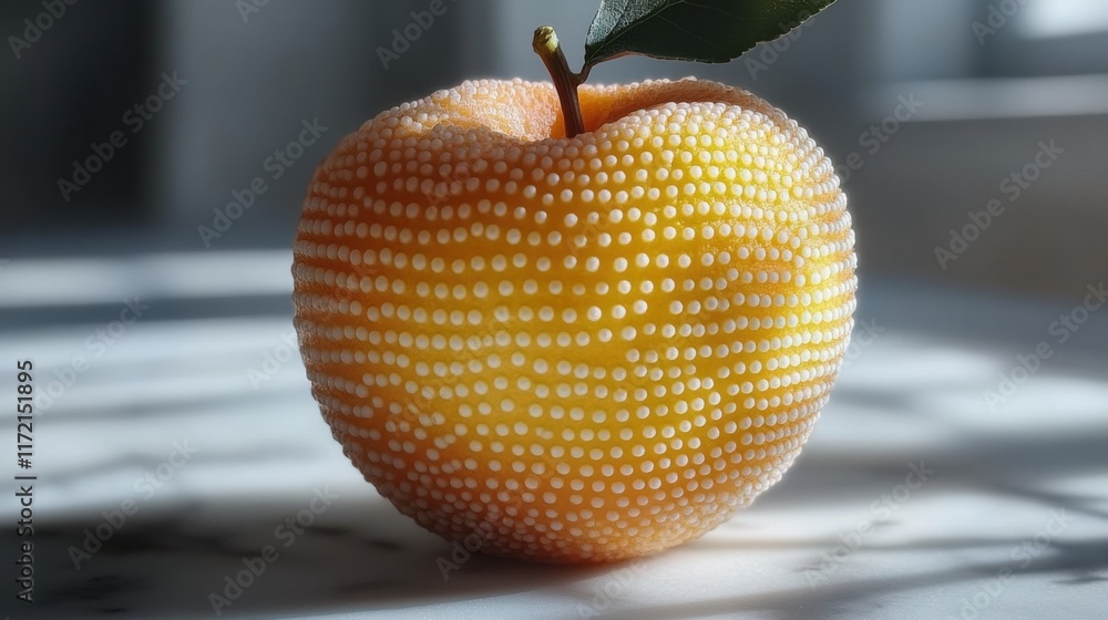 Aufkleber close-up of a unique textured yellow apple with white dots, showcasing intriguing surface details an