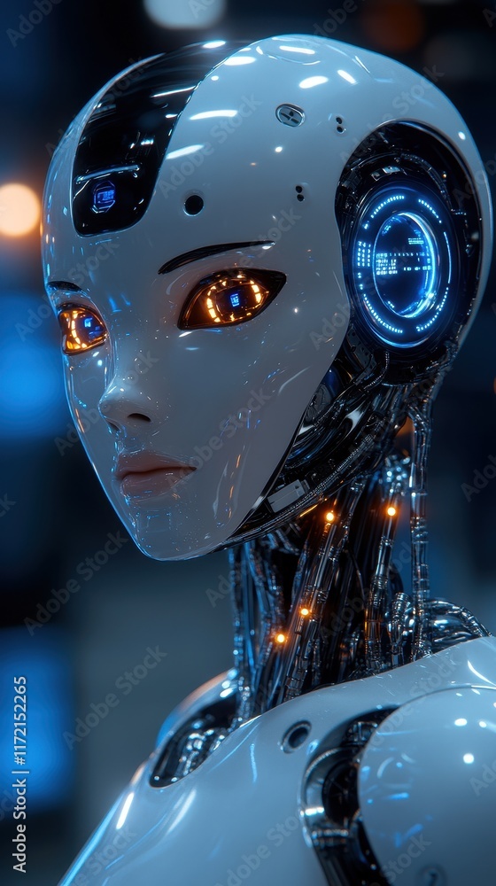 Poster a futuristic humanoid robot with glowing features and intricate design.