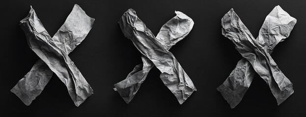 Three crumpled paper X shapes on black background.