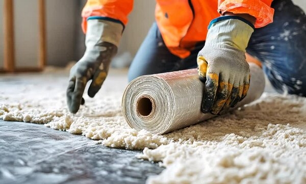 Close-up view of a construction worker carefully installing underlayment on a new floor. The worker is kneeling and using both hands to unroll the damp proof membrane, ensuring a smooth
