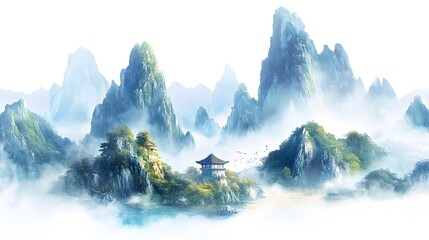 Serene Asian Temple Amidst Misty Mountain Peaks