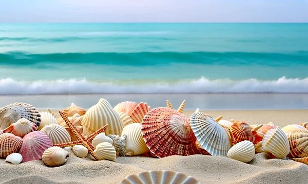 A serene beach scene featuring various seashells and a starfish on soft sand, with gentle waves lapping in the background and a tranquil turquoise sea under a pastel sky.