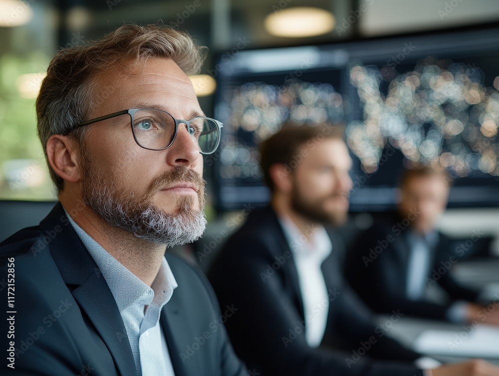 Poster focused businessman in office setting analyzing data with colleagues in the background during a meet