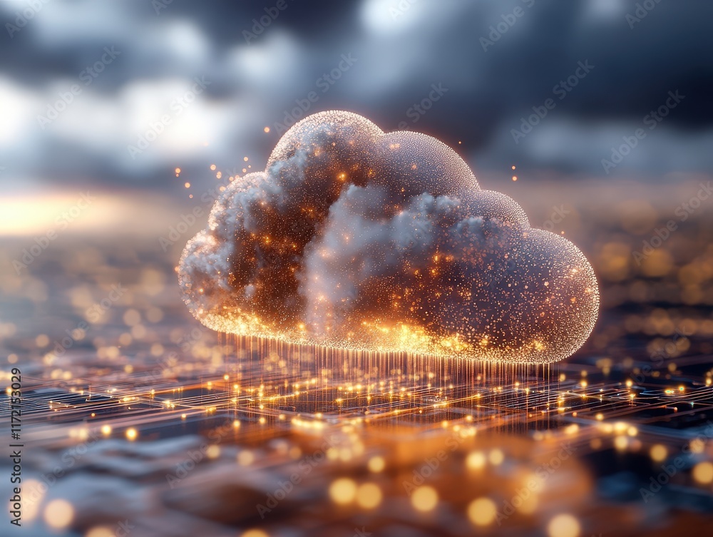 Poster digital cloud concept with sparkling particles on circuit board background at sunset for technology 