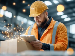 Construction worker using tablet in warehouse with glowing effects, overseeing inventory management process and modern technology
