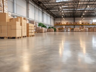 Spacious warehouse interior with stacks of cardboard boxes and bright overhead lighting in a clean and organized environment