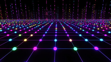 Obraz premium A futuristic scatter plot with glowing, colorful dots floating on a dark holographic grid, connected by intricate neon trails, creating a dynamic and visually striking data visualization. 