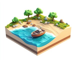 A stylized beach scene with a boat, trees, and rocks, showcasing a serene coastal environment.