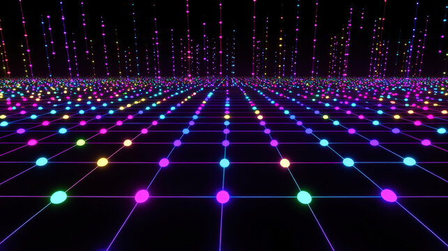 A futuristic scatter plot with glowing, colorful dots floating on a dark holographic grid, connected by intricate neon trails, creating a dynamic and visually striking data visualization.
