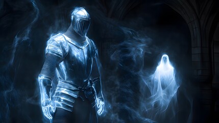 A ghostly knight stands in a mystical atmosphere, accompanied by a spectral figure.