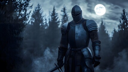 Fototapeta premium A knight in armor stands in a misty forest under a full moon.