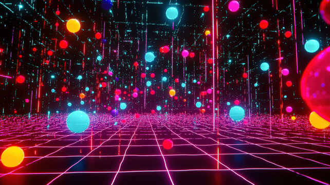 A futuristic scatter plot with glowing, colorful dots floating on a dark holographic grid, connected by intricate neon trails, creating a dynamic and visually striking data visualization.
