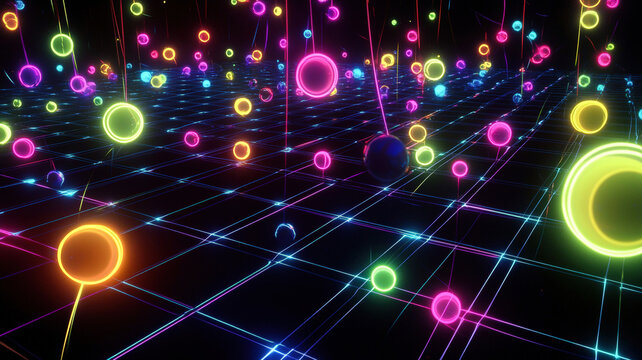 A futuristic scatter plot with glowing, colorful dots floating on a dark holographic grid, connected by intricate neon trails, creating a dynamic and visually striking data visualization.
