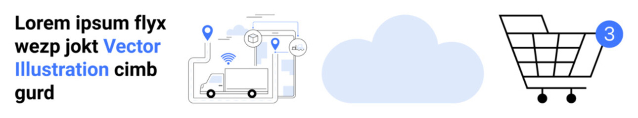 Shopping cart with notification, delivery truck with location pins, cloud symbol. Ideal for e-commerce, logistics, cloud services, digital marketing, online shopping, delivery tracking. Landing page