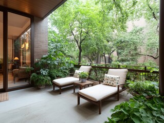 Serene Outdoor Patio with Comfortable Lounge Chairs Surrounded by Lush Greenery and Plants in a Modern Residential Setting