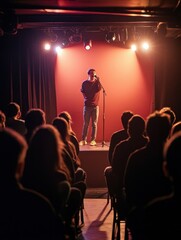 A Comedian Takes Center Stage Under Warm Stage Lights, Delivering a Performance to a Captivated Audience in a Dark Intimate Venue,