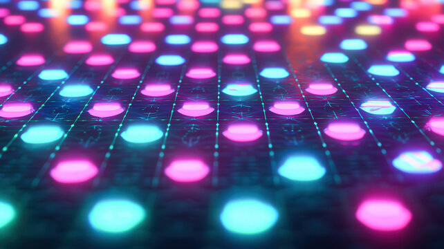 A futuristic scatter plot with glowing, colorful dots floating on a dark holographic grid, connected by intricate neon trails, creating a dynamic and visually striking data visualization.
