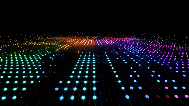 A futuristic scatter plot with glowing, colorful dots floating on a dark holographic grid, connected by intricate neon trails, creating a dynamic and visually striking data visualization.
