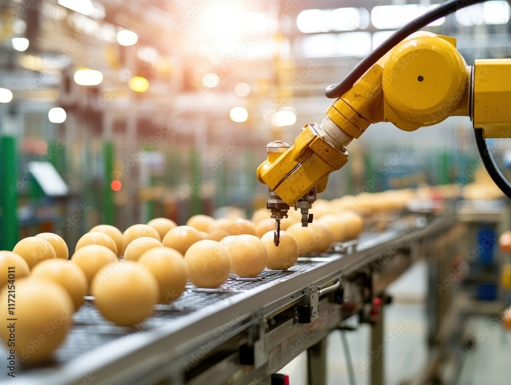 Poster automated robotic arm handling objects on production line in modern industrial facility