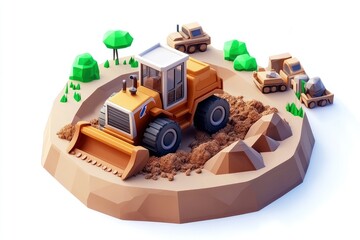 A stylized construction scene featuring a bulldozer and other machinery on a terrain.