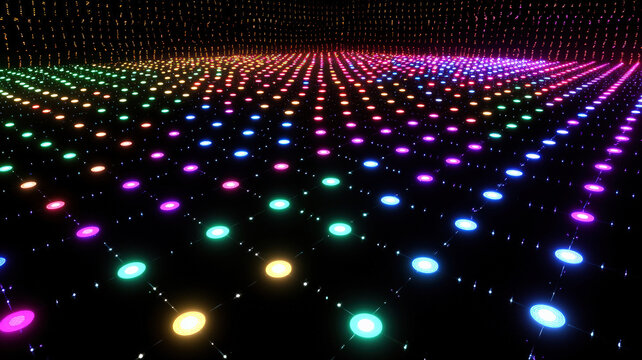 A futuristic scatter plot with glowing, colorful dots floating on a dark holographic grid, connected by intricate neon trails, creating a dynamic and visually striking data visualization.

