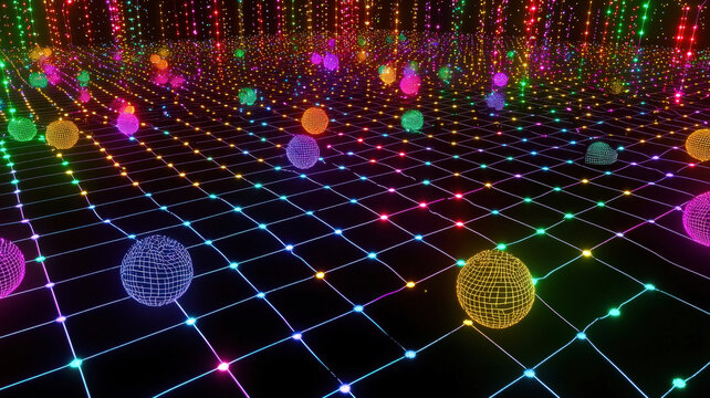 A futuristic scatter plot with glowing, colorful dots floating on a dark holographic grid, connected by intricate neon trails, creating a dynamic and visually striking data visualization.
