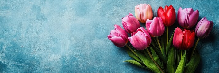 A vibrant arrangement of pink and red tulips stands out against a serene blue background, embodying the essence of love and romance for Valentine's Day.