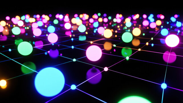 A futuristic scatter plot with glowing, colorful dots floating on a dark holographic grid, connected by intricate neon trails, creating a dynamic and visually striking data visualization.
