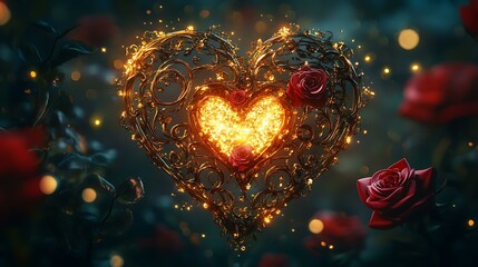 A hyper-detailed 3D Valentine's heart glowing with golden filigree and surrounded by roses and sparkles