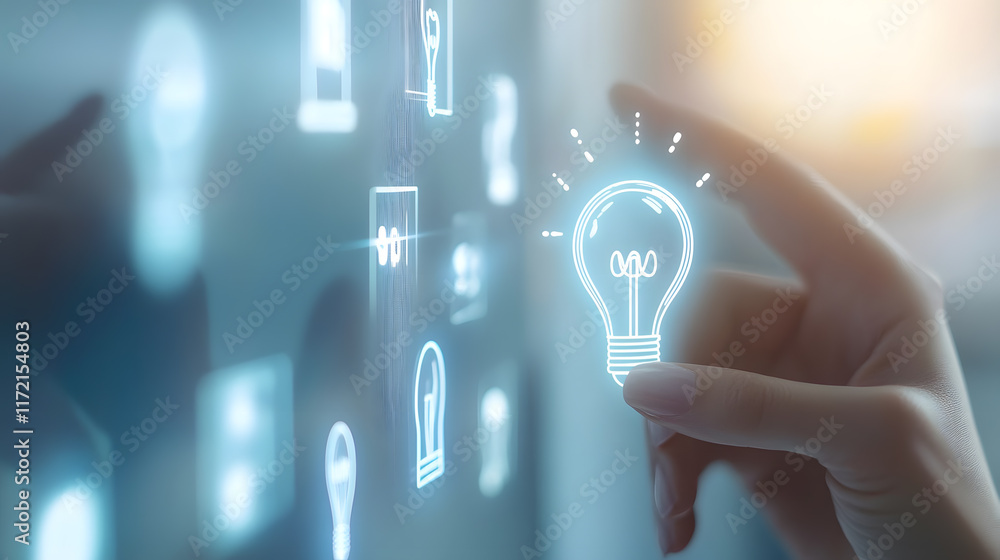 Poster hand touching digital light bulb icon on screen concept for creativity innovation and idea generatio