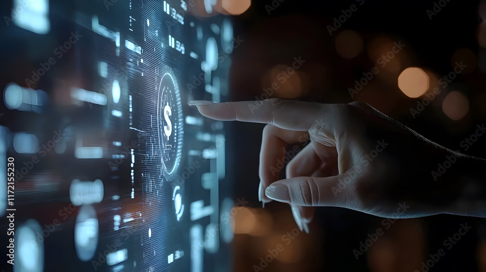 Poster hand interacting with digital financial interface displaying dollar sign and data visualizations in 